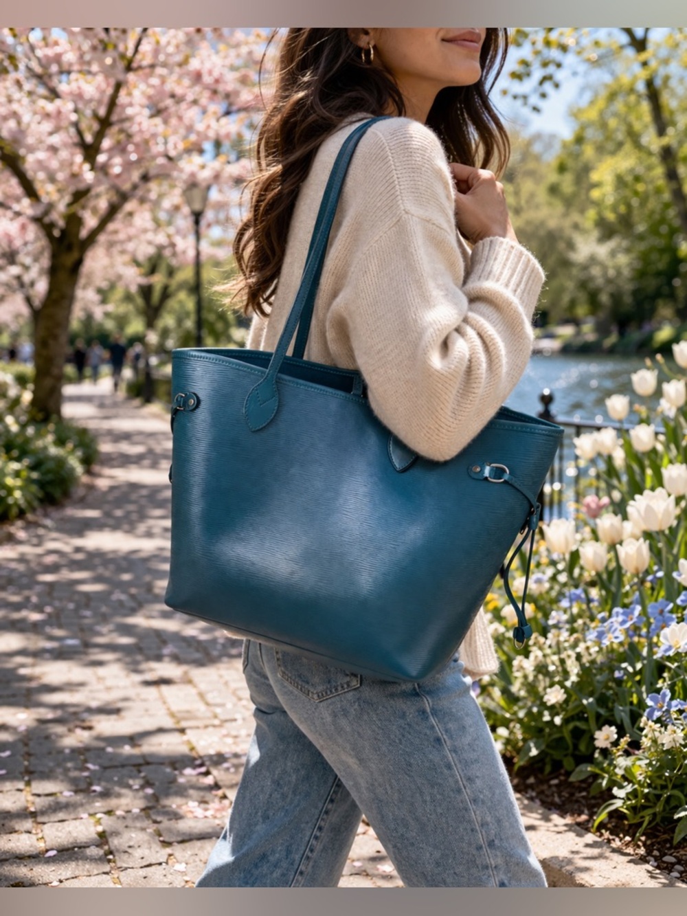 Louis Vuitton Neverfull MM  Teal Epi leather Bag Set